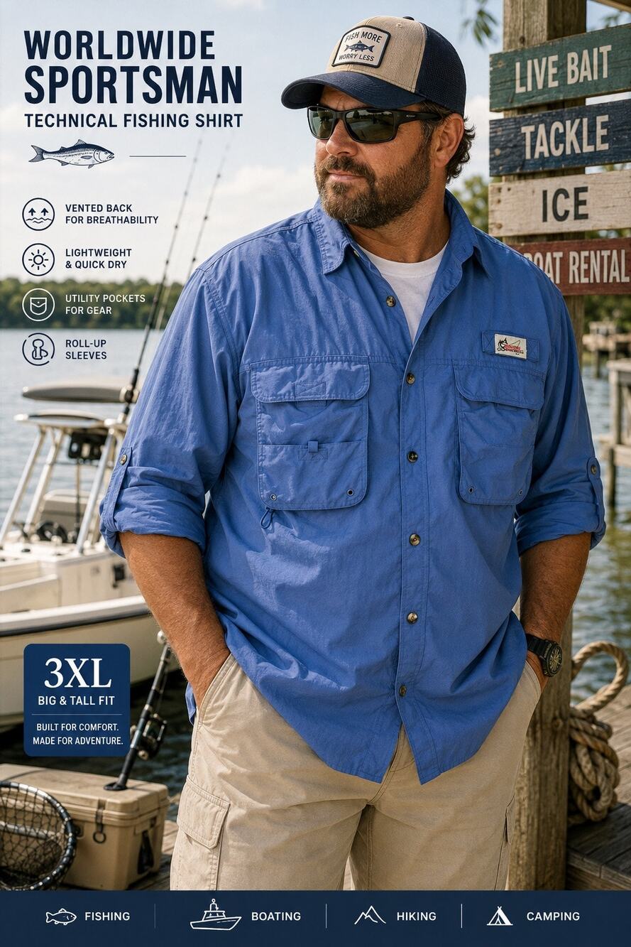Worldwide Sportsman Fishing Shirt Mens 3XL Blue Nylon Vent Back Outdoor Angler